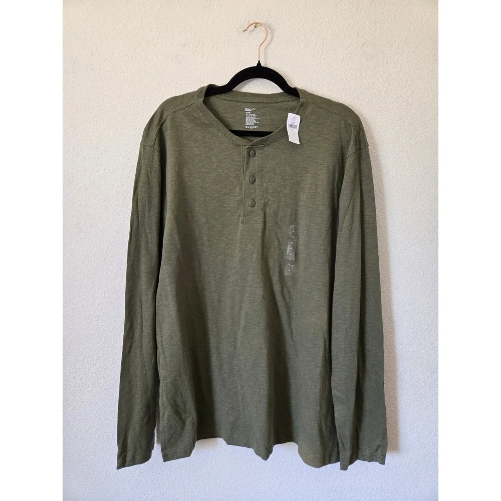 NWT Gap Mens XL Henley Shirt Long Sleeve Olive Green Slub Cotton New - Picture 7 of 7